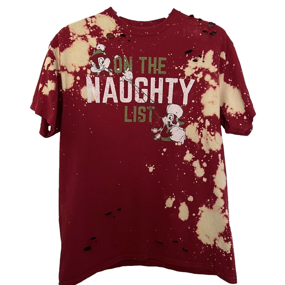 Chip and Dale On The Naughty List Christmas Unisex Bleached  T-Shirt - Large
